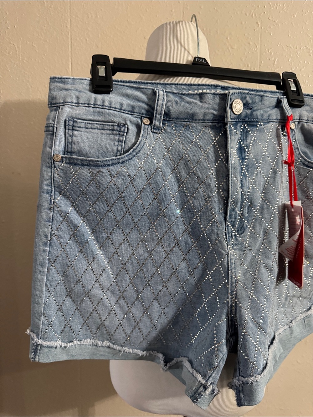 Women's Light Blue Denim Shorts with Studded Diamond Detail - Picture 4 of 8